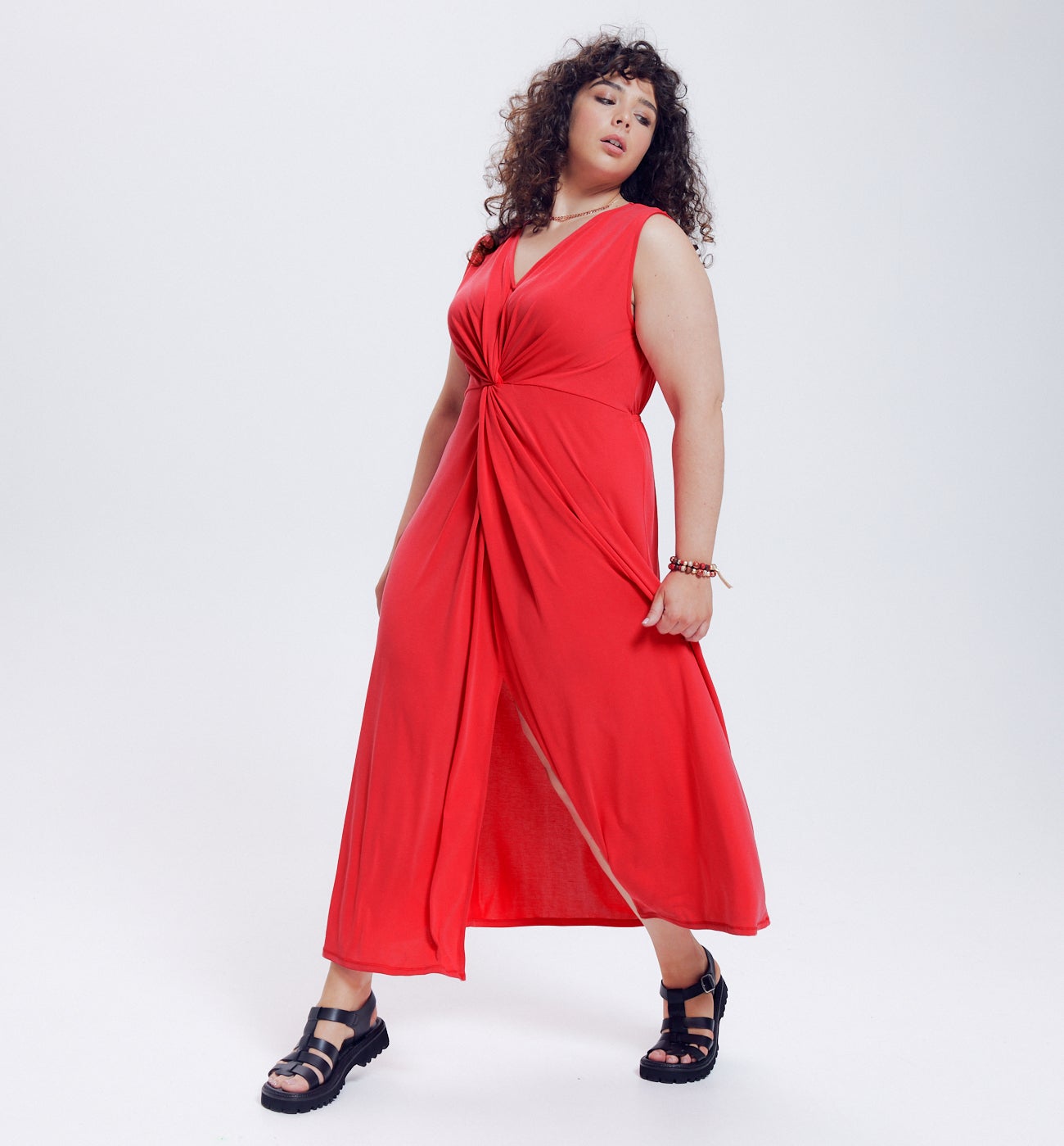 Longue robe unie en jersey - Groseille