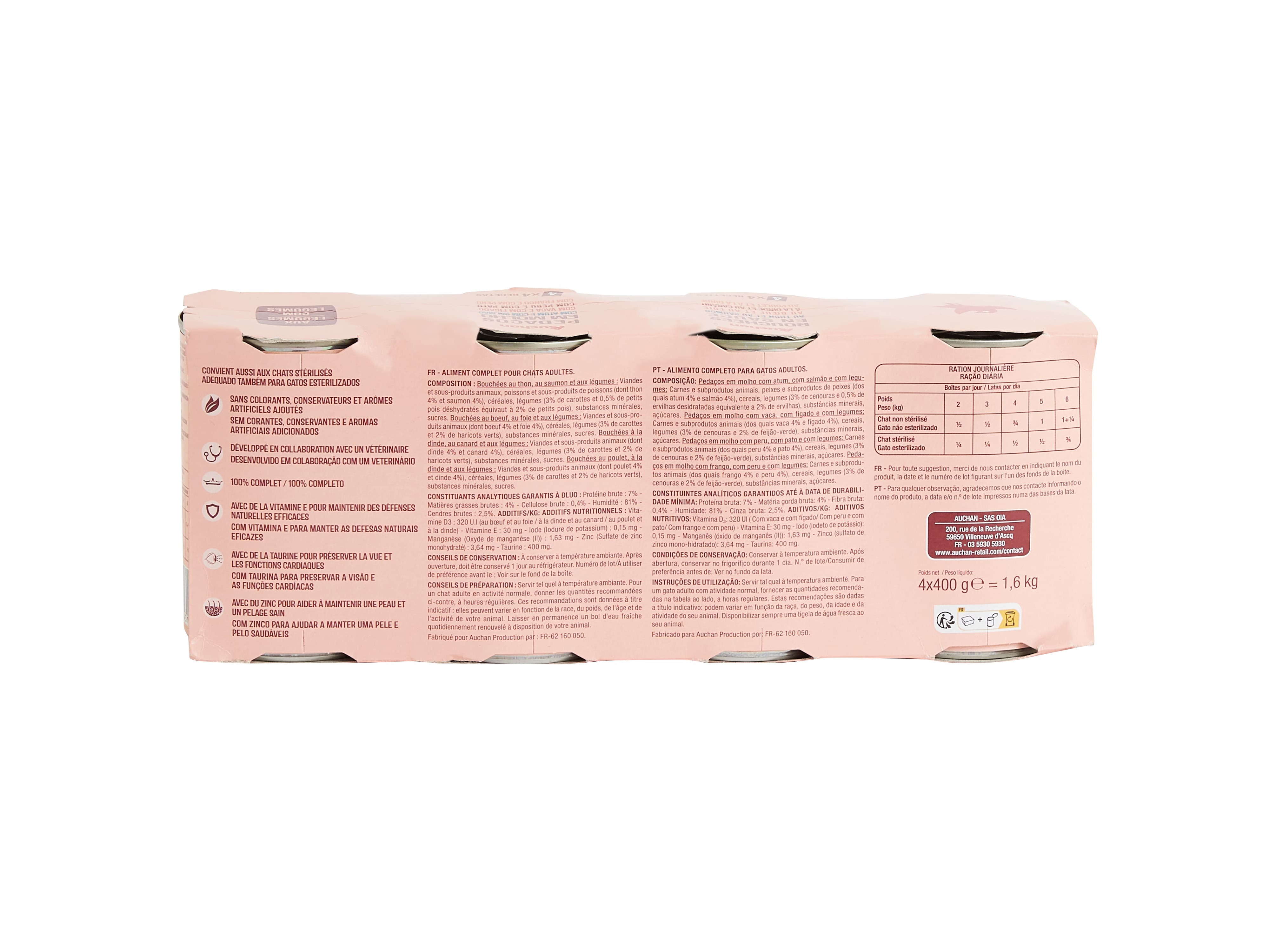 COMIDA HÚMIDA PARA GATO AUCHAN PEDAÇOS EM MOLHO MIX 4X400G