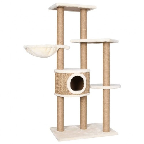 Arranhador para gatos bege com caverna e rede.