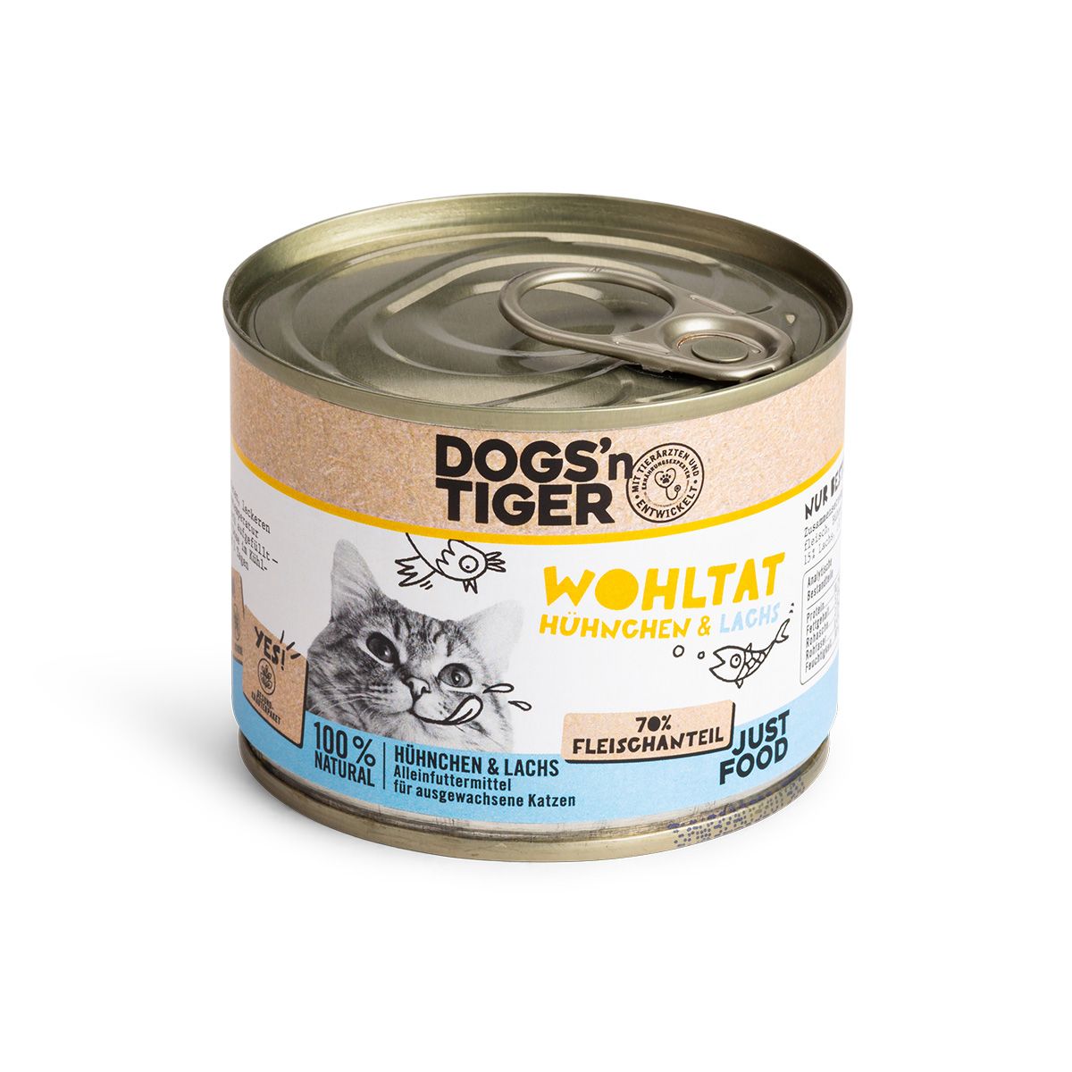 Dogs’n Tiger Adult Premium Katzenfutter, Wohltat, Katzen Nassfutter, Getreidefrei, Huhn & Lachs