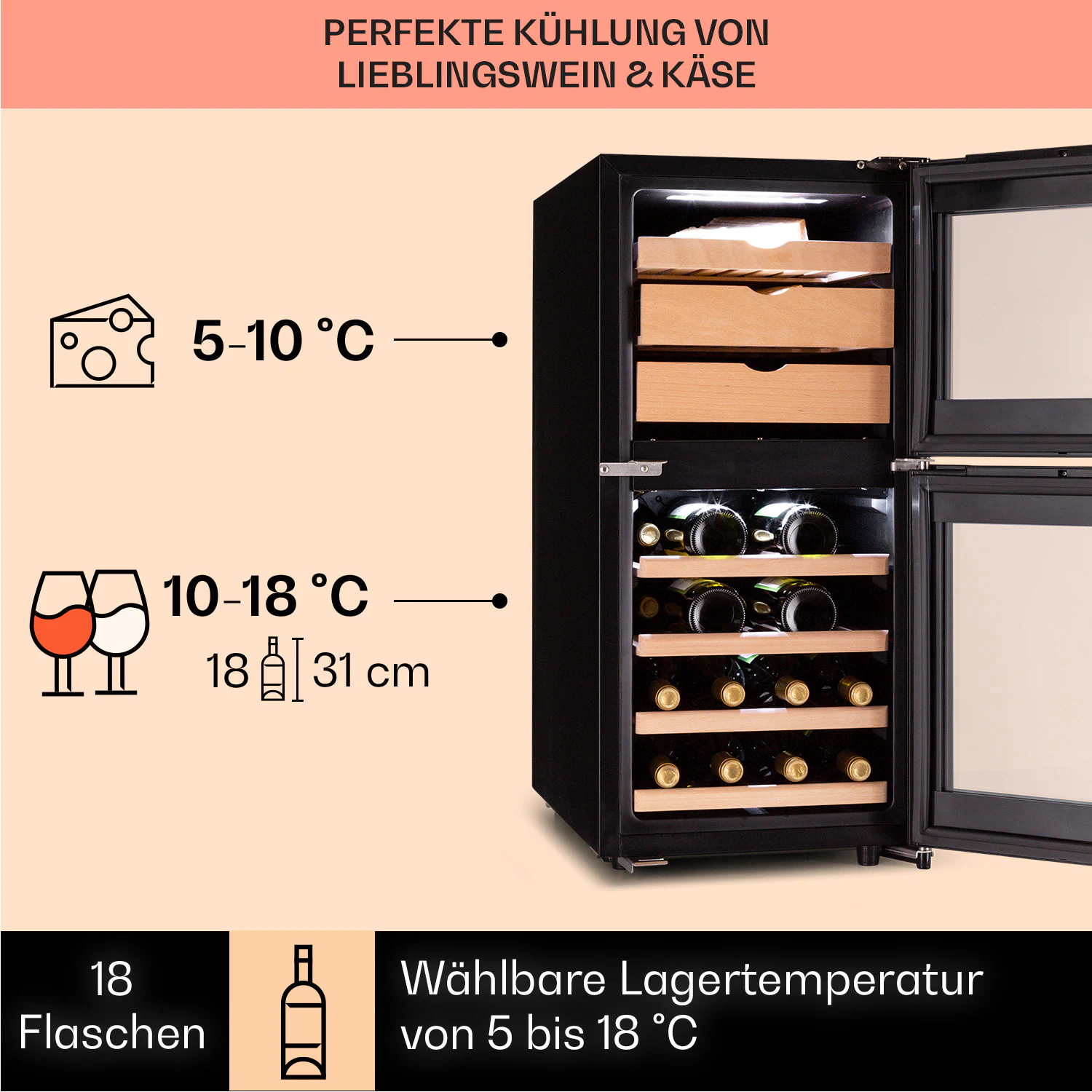 El Dorado 89 Käse & Weinkühlschrank 2 Zonen Touch 89L LED Schwarz 89 Liter