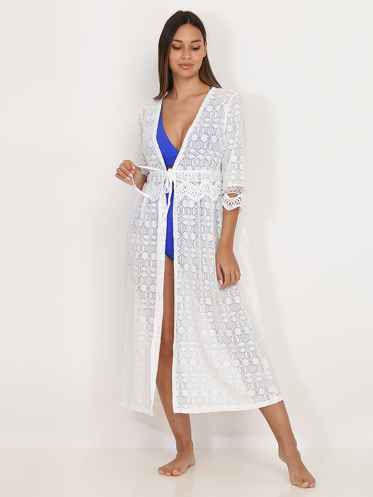 Kimono long à motifs ajourés- Blanc