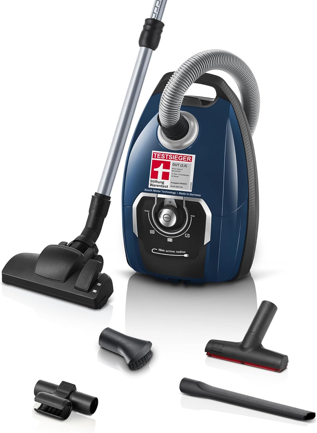 Bosch Staubsauger mit Beutel Serie 8 BGL8XPER, ideal für Allergiker, Hygiene-Filter, 10 Jahre Motorgarantie, XXL-Polsterdüse, XXL-Fugendüse, langes Kabel, Made in Germany, leise, 700 W, blau