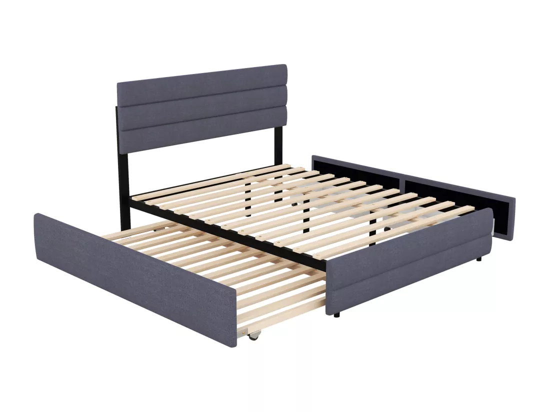 Lit adulte 140x200cm en tissu lin - avec un lit gigogne 90x190cm et 2 tiroirs - tête de lit réglable - Gris