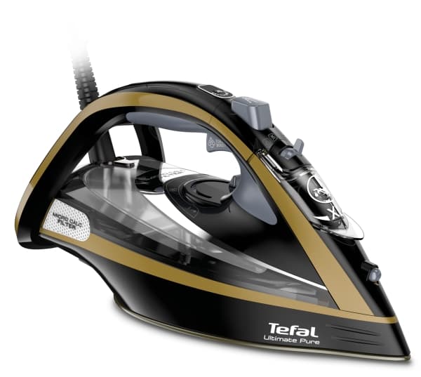 Tefal Ultimate Pure FV9847E0, Tørr & dampstrykejern, Durilium Airglide-såle, 260 g/min, Sort, Gull, 60 g/min, 0,35 l