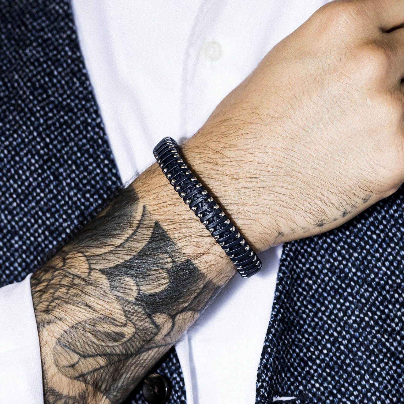 Jacobson Bracelet Oliver en Acier & Cuir bleu
