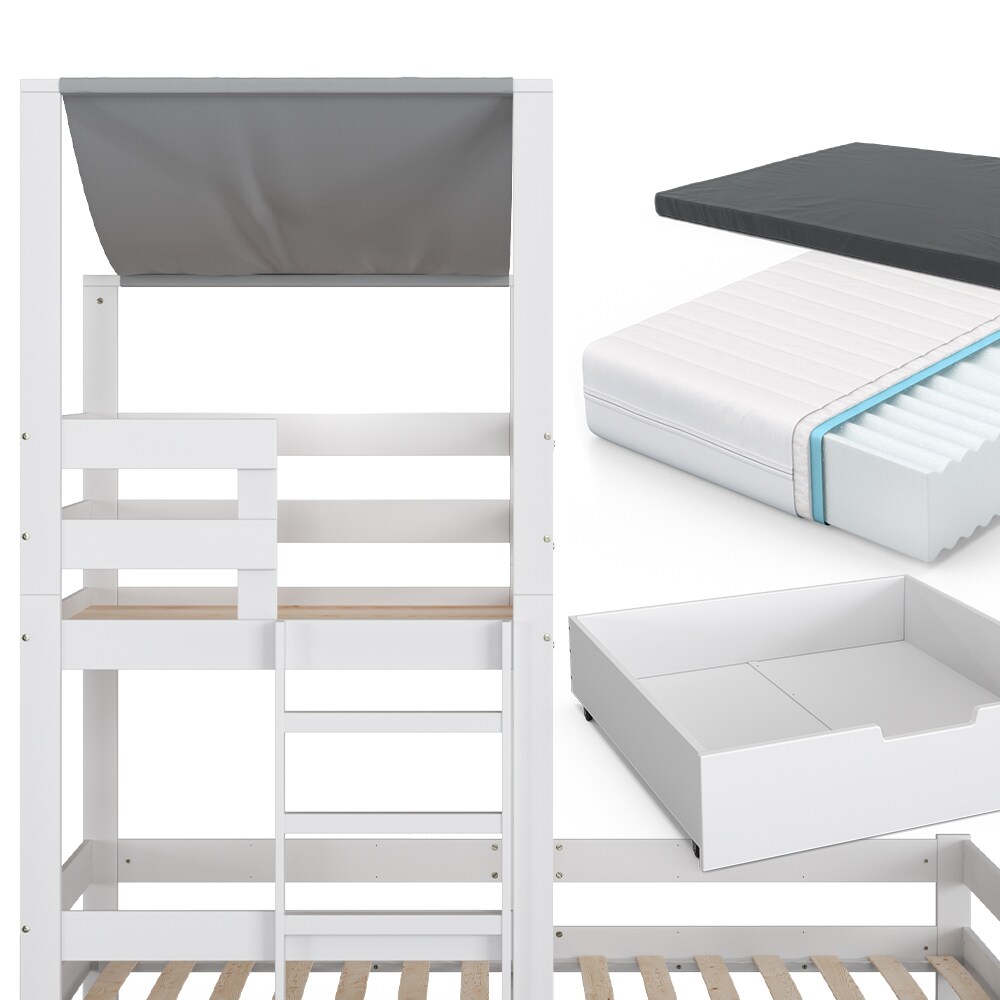 VitaliSpa Spielturmbett Kinderbett Spielbett Tom Weiß modern 204x218 cm Massivholz Kinderzimmer Lattenrost Bettleiter Bett Schublade Matratze Abenteuerbett Kletterbett