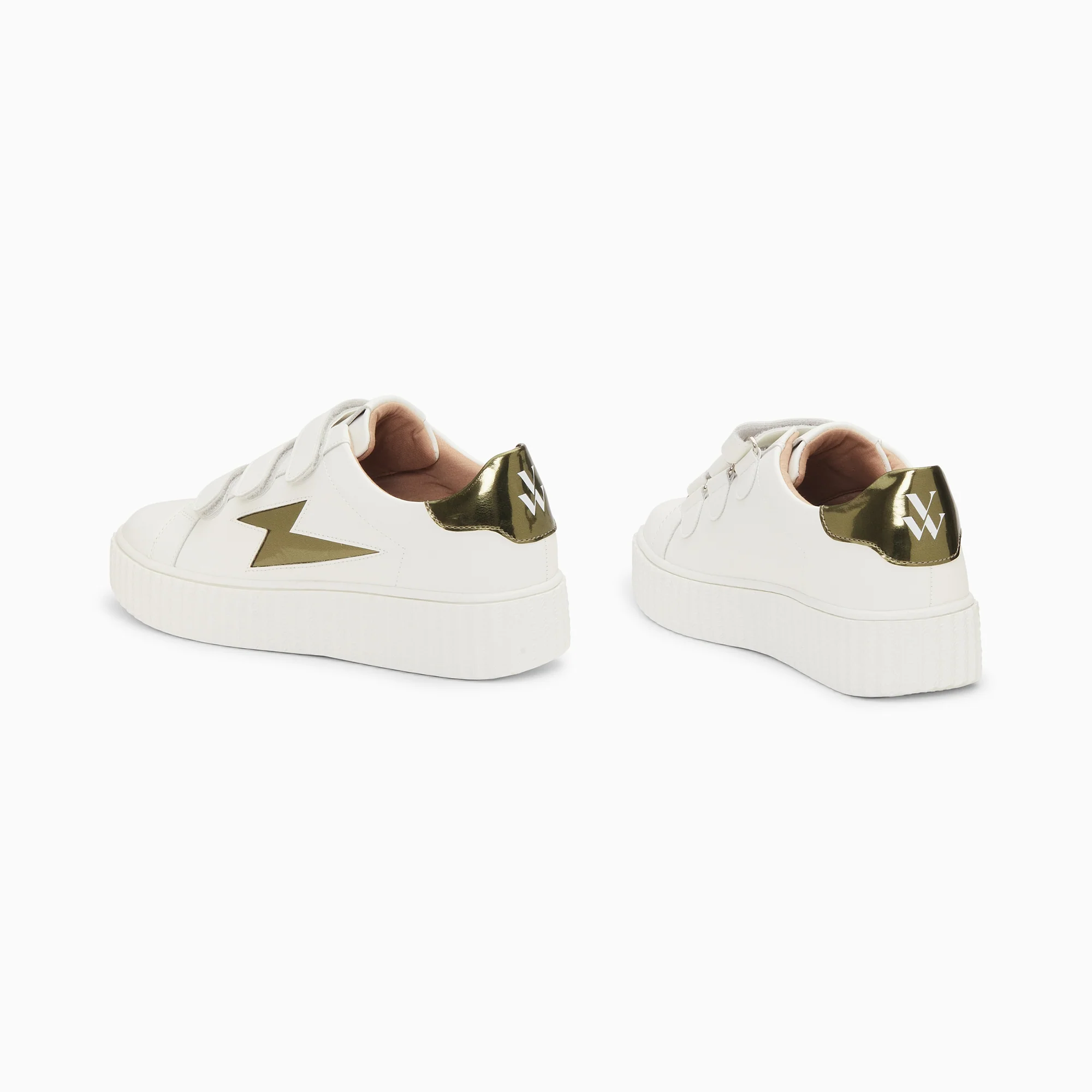 Sneakers-Baskets éclair Willow blanc et kaki effet miroir à scratchs