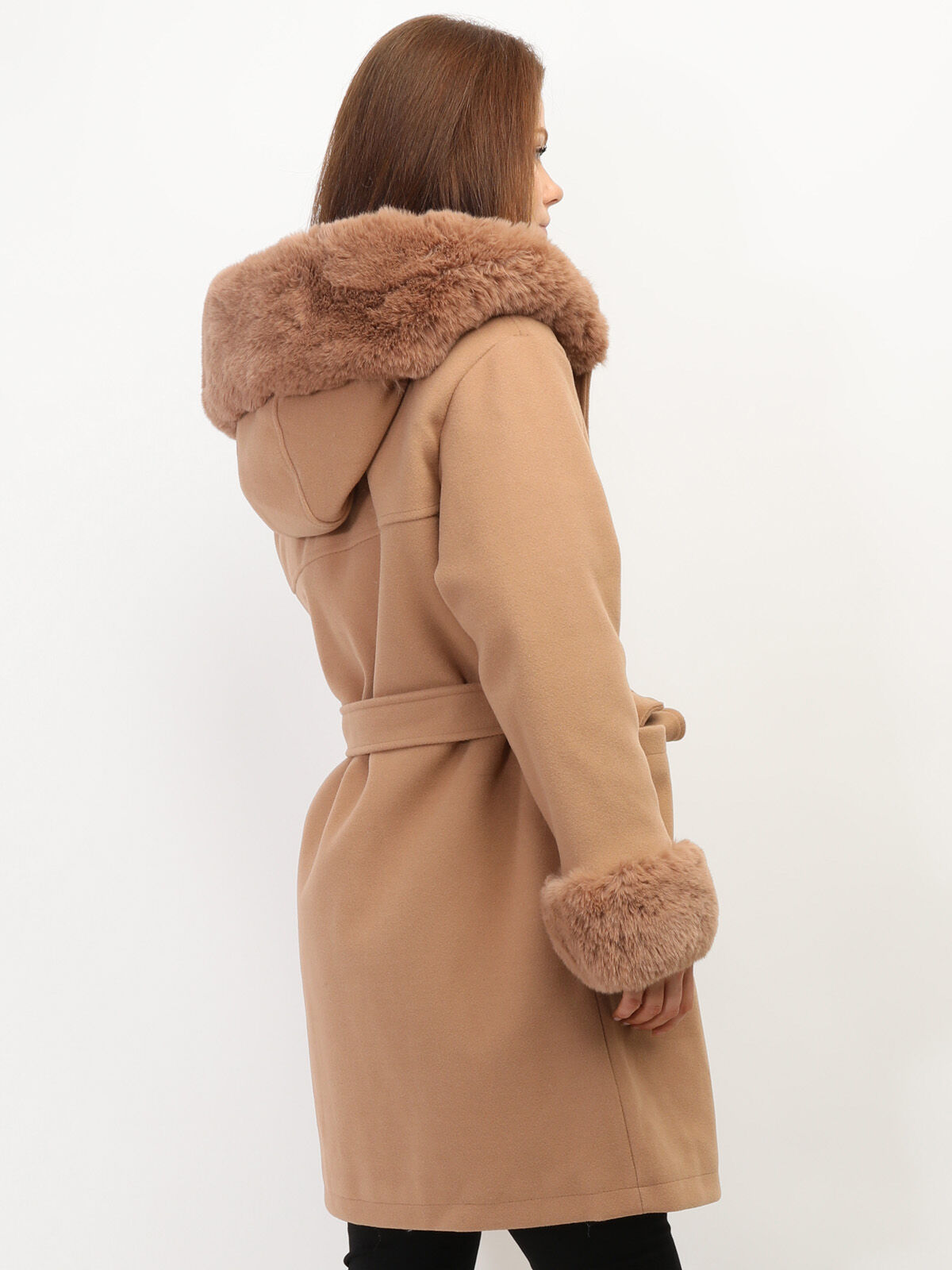 Manteau à capuche et manches fourrées- Camel