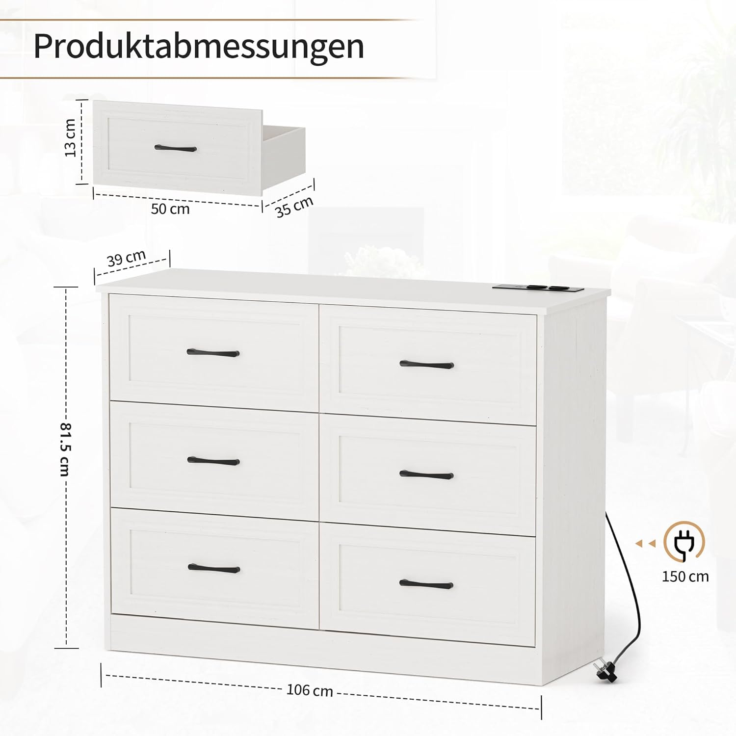 Kommode mit Steckdosen, Komode mit 6 schubladen, 2 USB & 2 AC-Anschlüssen, Komodenschrank Holz, für Schlafzimmer, Wohnzimmer, Flur, 106 x 81.5 x 39 cm, Weiß