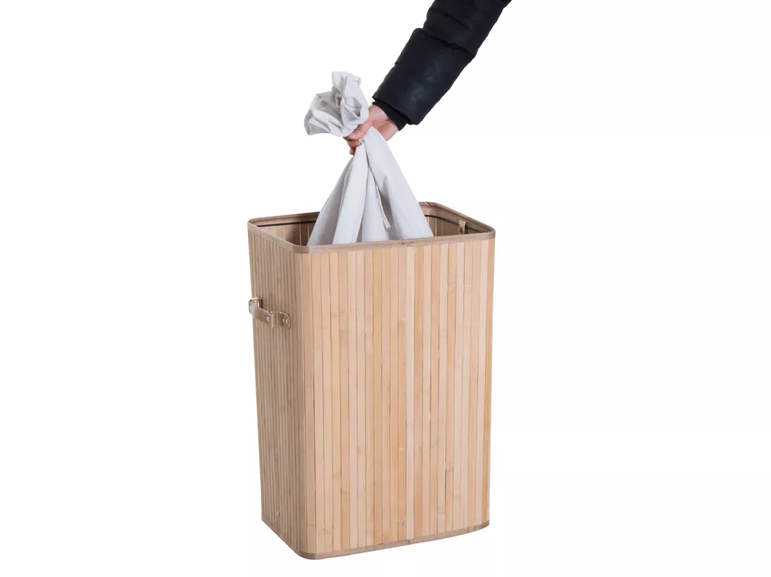 Panier à linge corbeille à linge bac à linge bambou pliable couvercle sac amovible 3 poignées PU 40L x 30l x 60H cm beige