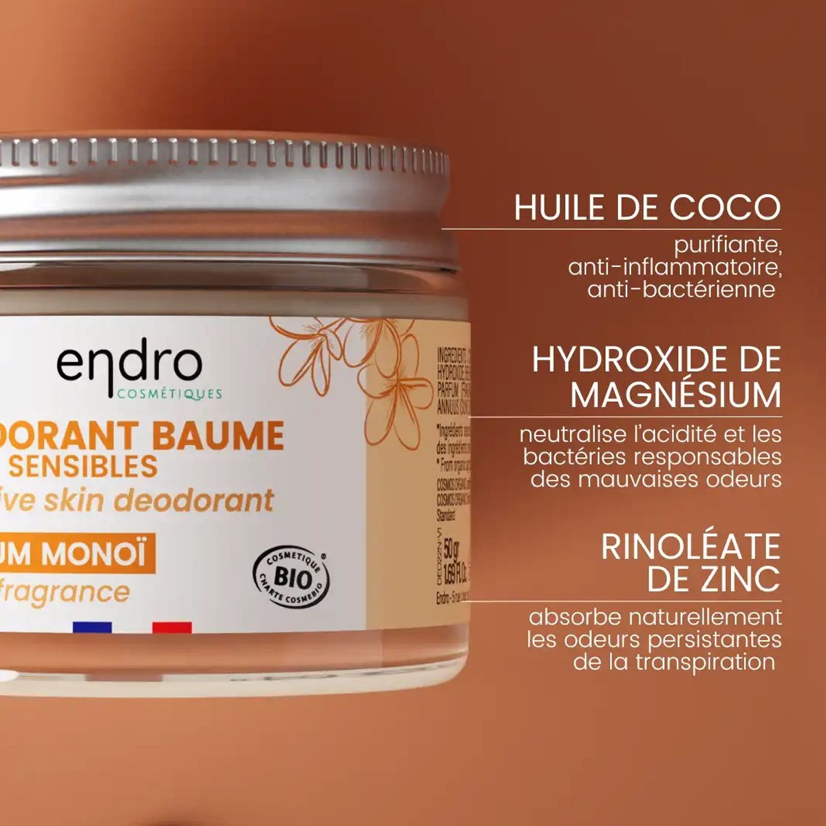 Déodorant baume peaux sensibles bio - Monoï - Corps - 50 ml