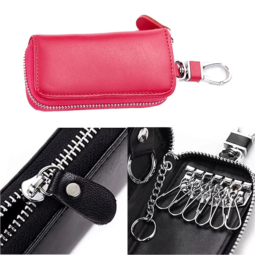 (11x6cm) Echtleder Keyless Go Autoschlüssel Aufbewahrung Schlüssel Organizer Etui mit Karabiner - Pink