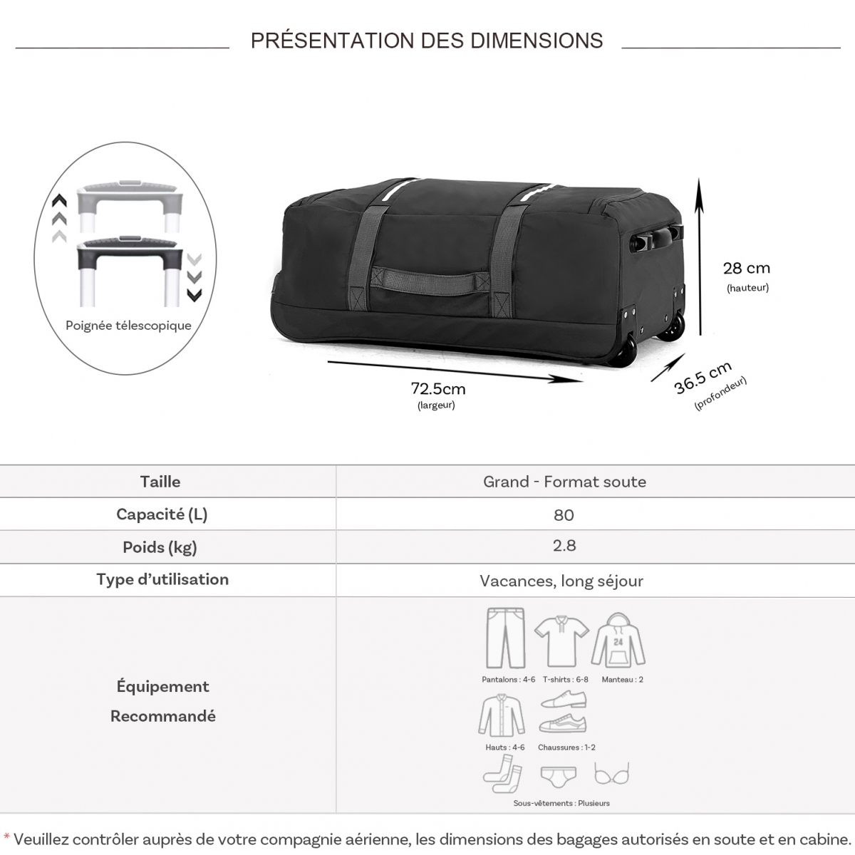 David Jones Sac de voyage avec roulettes 80L David Jones polyester taille L 72.5cm
