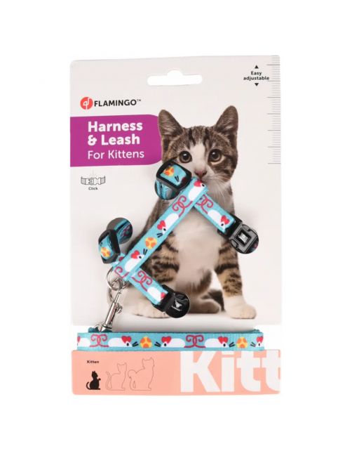 Flamingo Kittenharnas + Lijn Arwen - Kattentuigje - Blauw Print 15-25cm 10mm