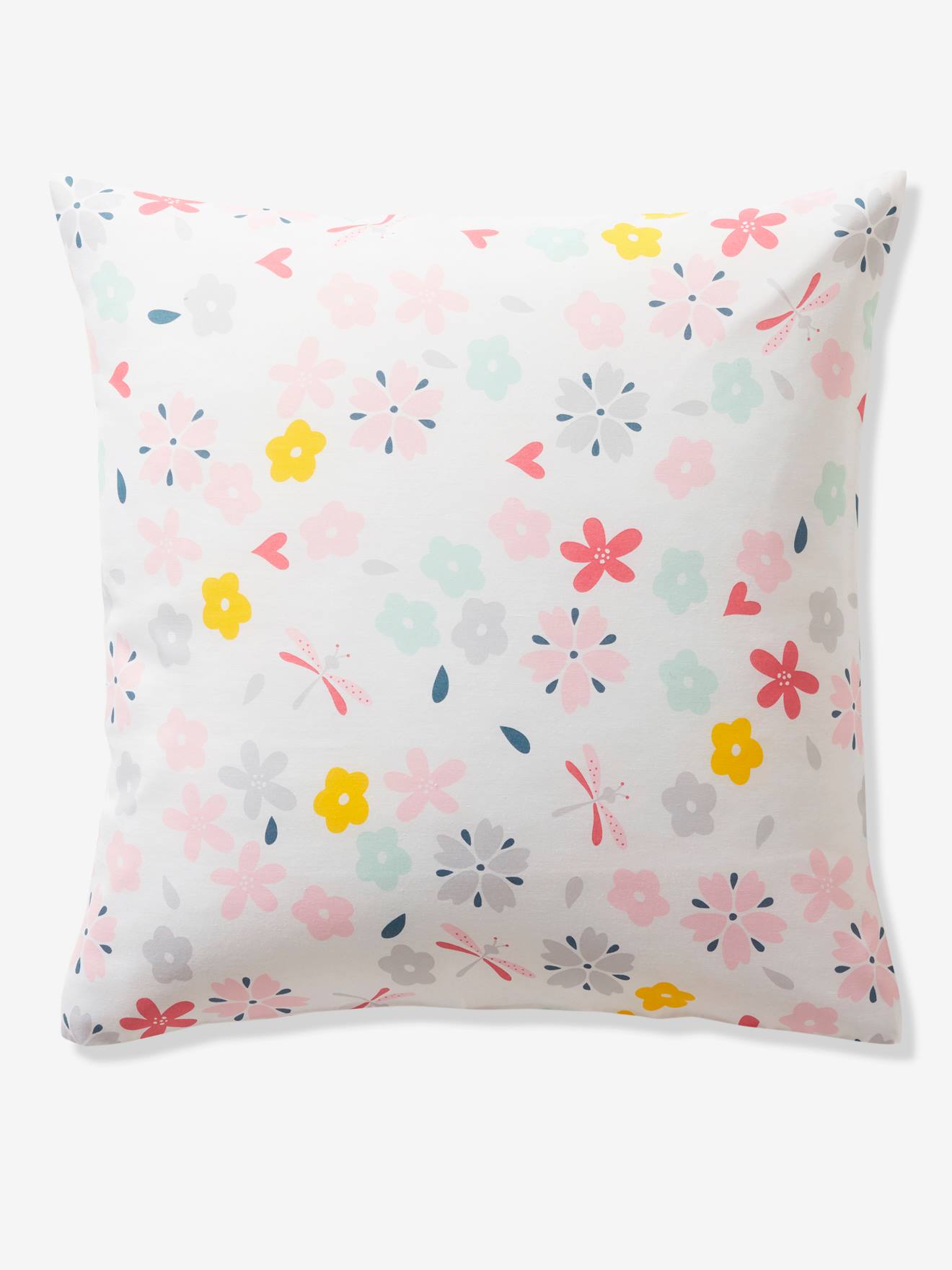 Conjunto de capa de edredom e fronha infantil FLORES E ASAS, liso, branco claro com motivos.