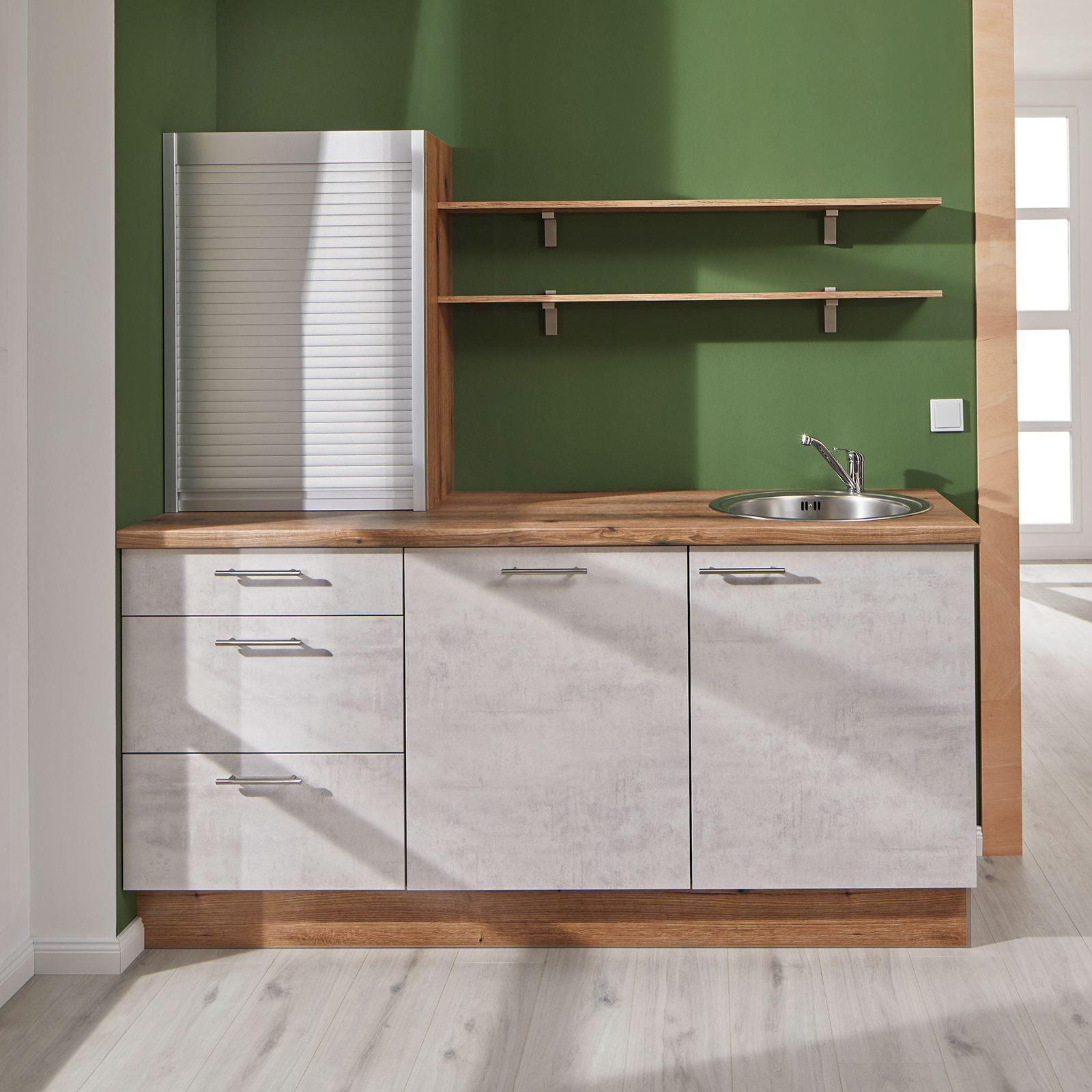 Küchenblock - Beton-weißgrau - Evoke Eiche - mit E-Gerät - 180 cm