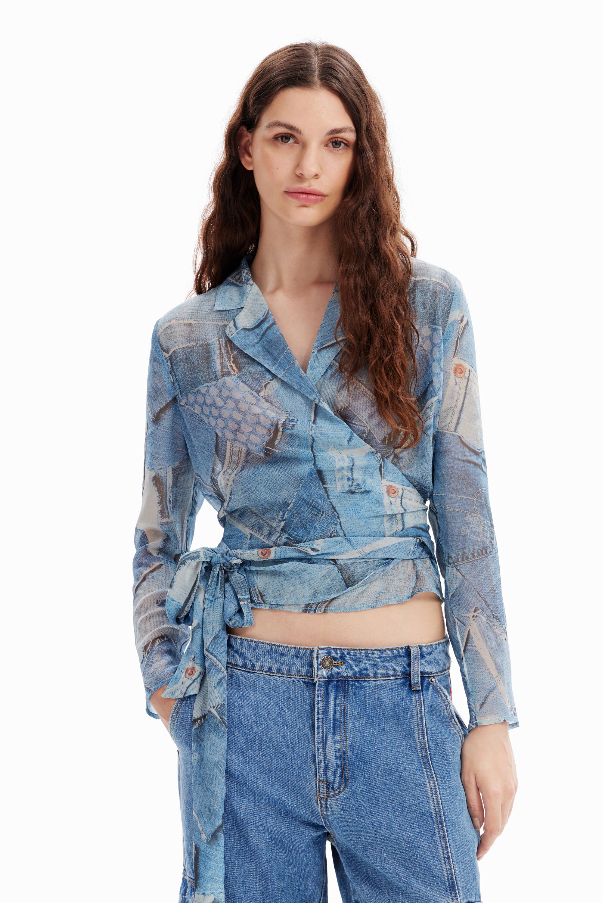 Blouse croisée patchwork denim