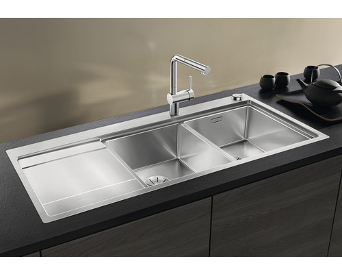 Blanco DIVON II 8 S-IF spoelbak, 1160 x 510 mm, roestvrij staal, satijnglans, 521665, 2 bakken, met afdruipgedeelte, bak rechts, vlak ingebouwd