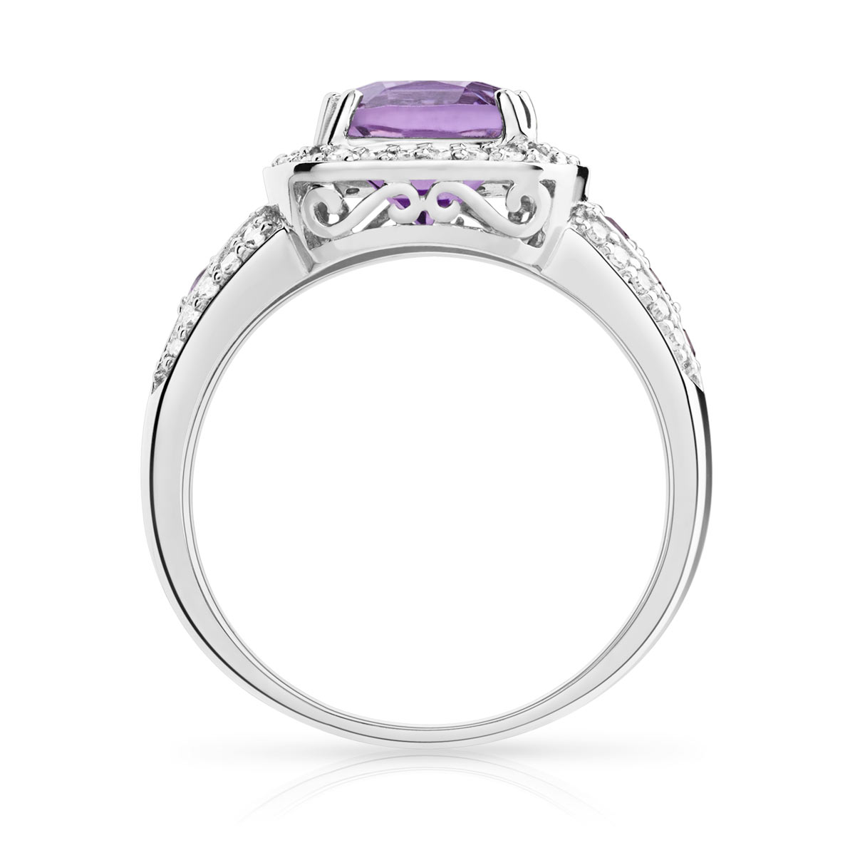 Bague or 750 blanc carrée améthystes et diamants