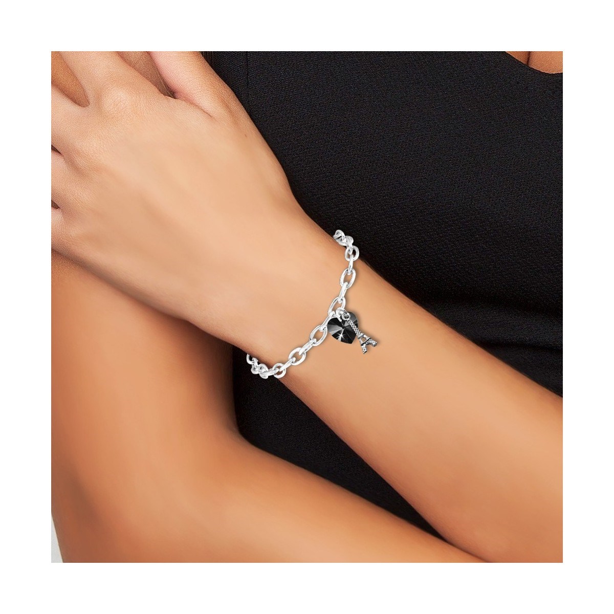 Bracelet coeur noir et Tour Eiffel SC Crystal orné de Cristaux scintillants