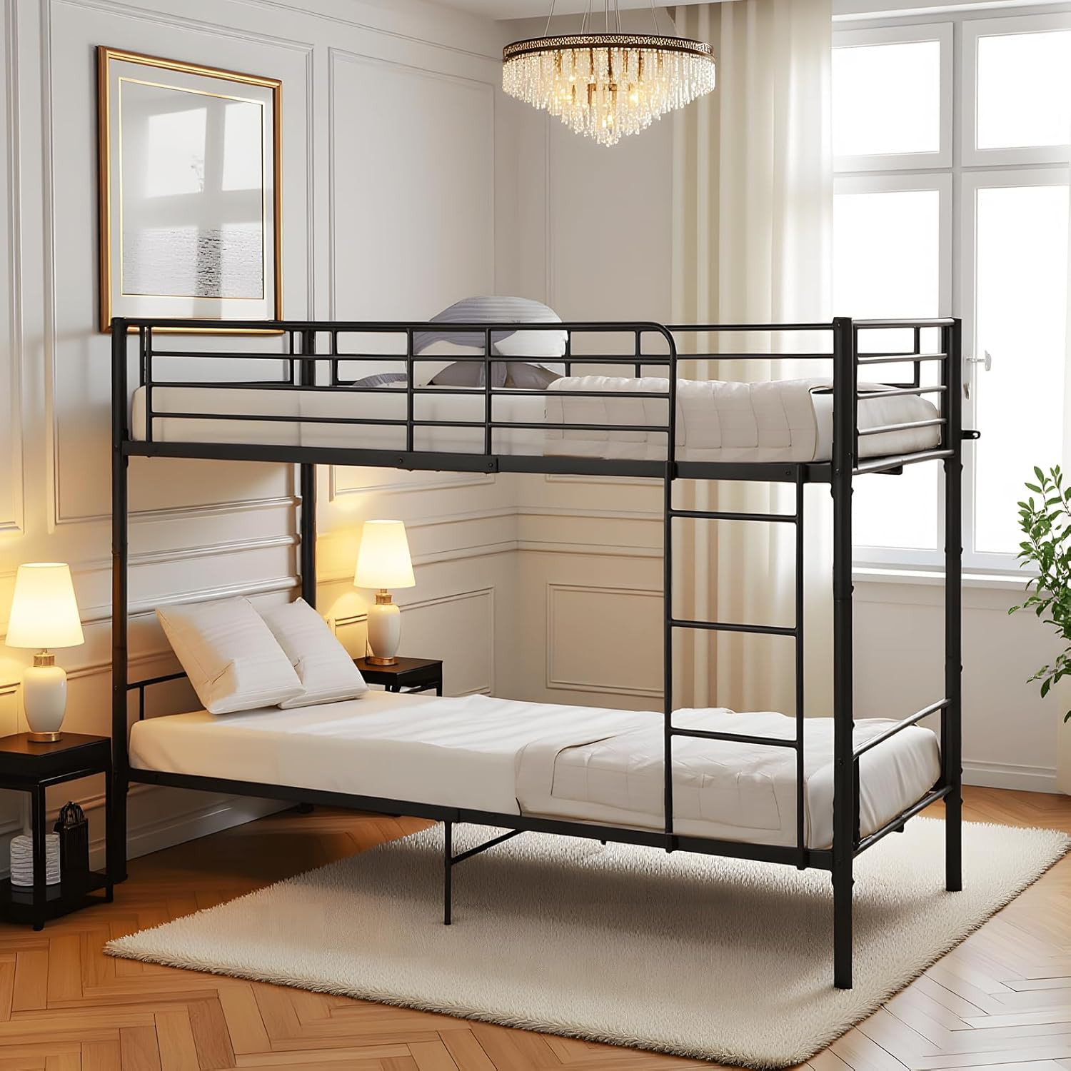 Metall Bett Etagenbett Stockbett 90x200 cm,Hochbett Metallbett Jugendbett Doppelstockbett mit Lattenrost Schlafzimmer - Schwarz