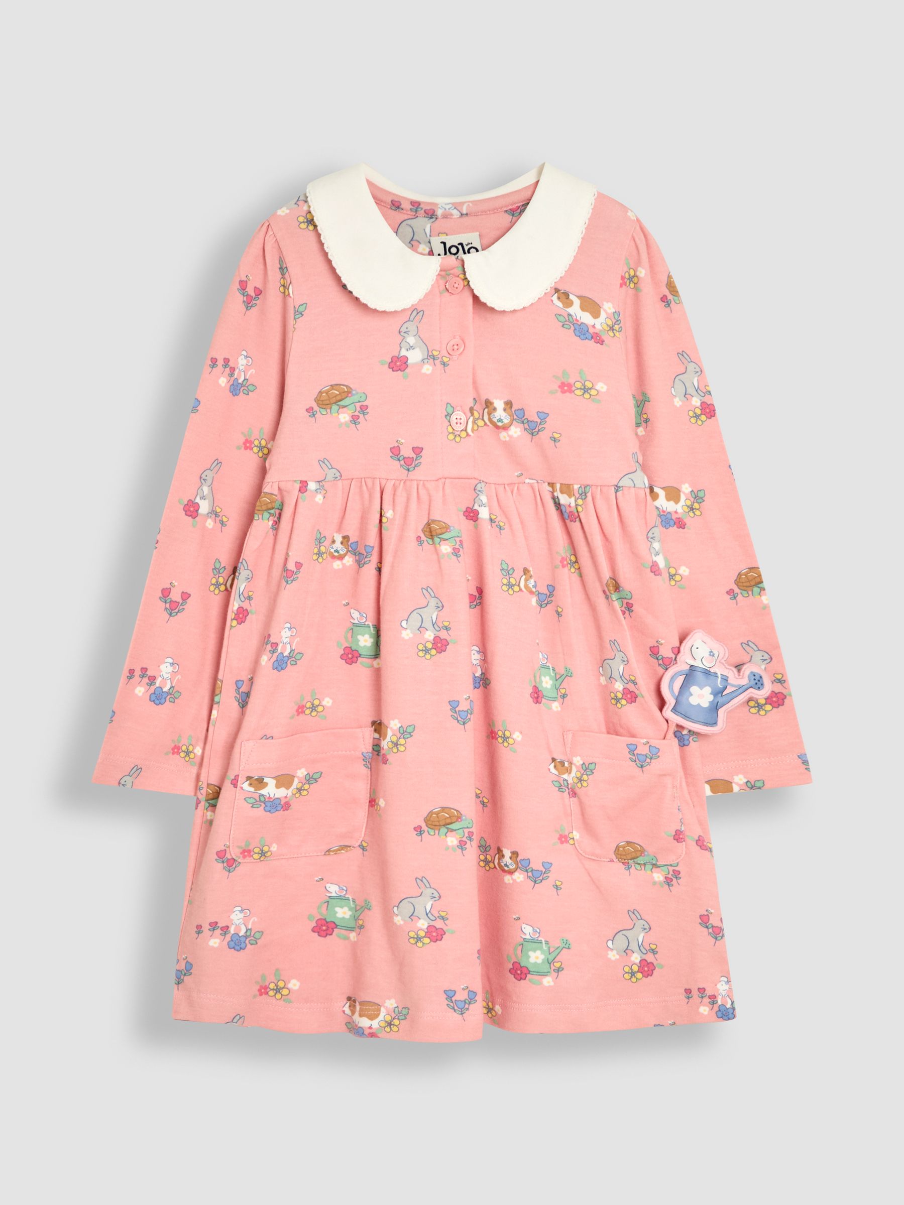 JoJo Maman Bébé 100% katoenen Peter Pan-kraag jurk met knopen aan de voorkant en lange mouwen