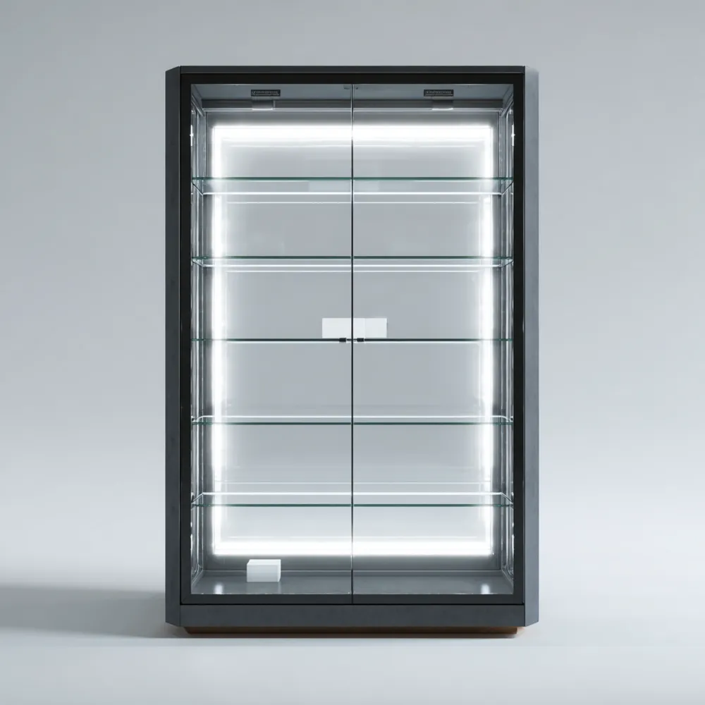 Vitrine Glas Metallrahmen 200x100x40 cm – Schwarz – LED-Beleuchtung