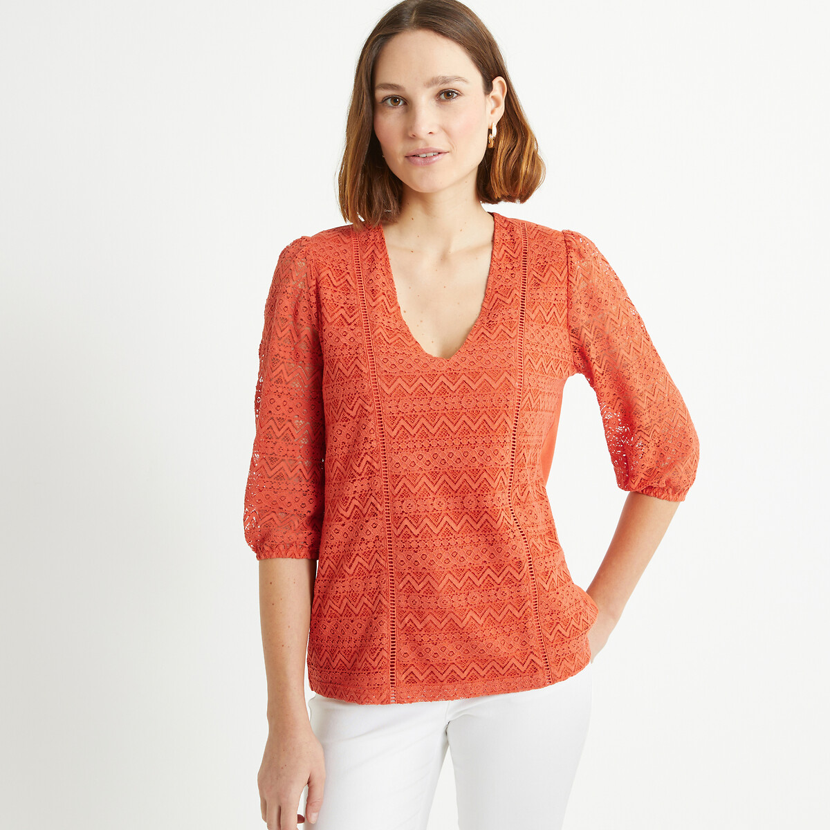 ANNE WEYBURN<br>Camiseta com decote em V e mangas 3/4