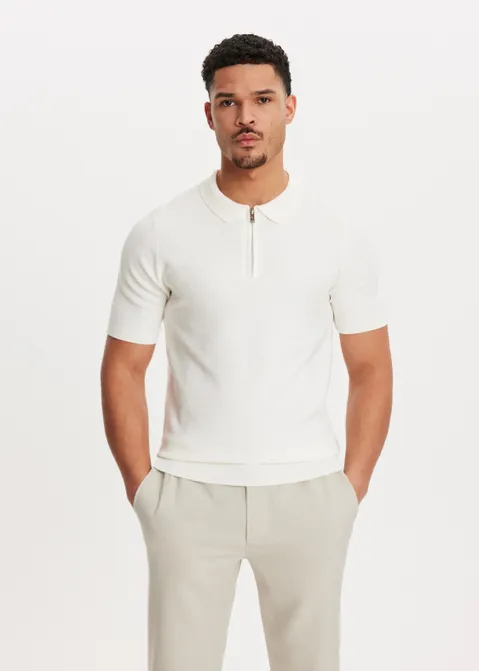 Half zip polo met structuur off-white (WIT.O)