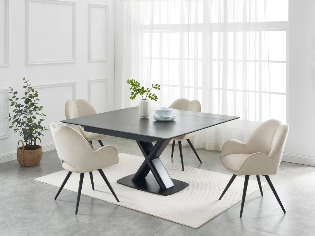 Table à manger extensible 6 à 8 personnes en céramique, verre trempé et métal - Anthracite et Noir - MIAZELO de Maison Céphy