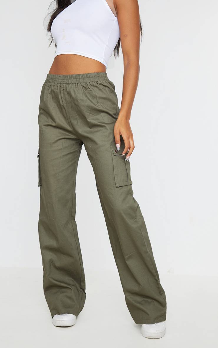 Vert Pantalon Cargo Taille Haute Coupe Large Kaki