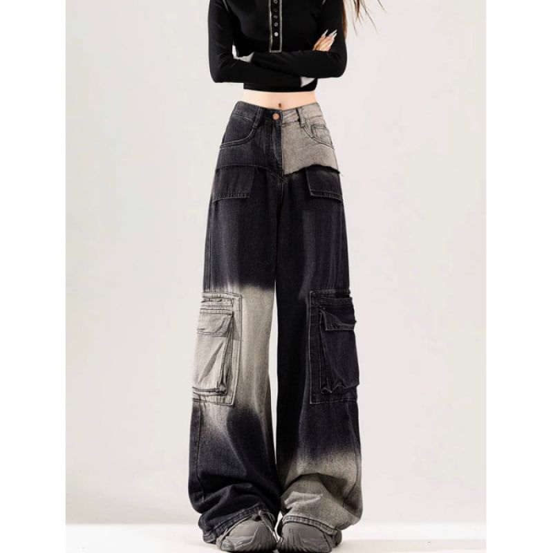 Vhancy - High Waist Washed Patchwork Cargo Jeans met Wijde Pijpen