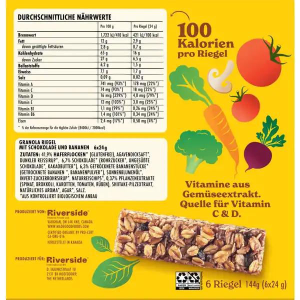 Bio Granola Riegel Schokolade und Bananen