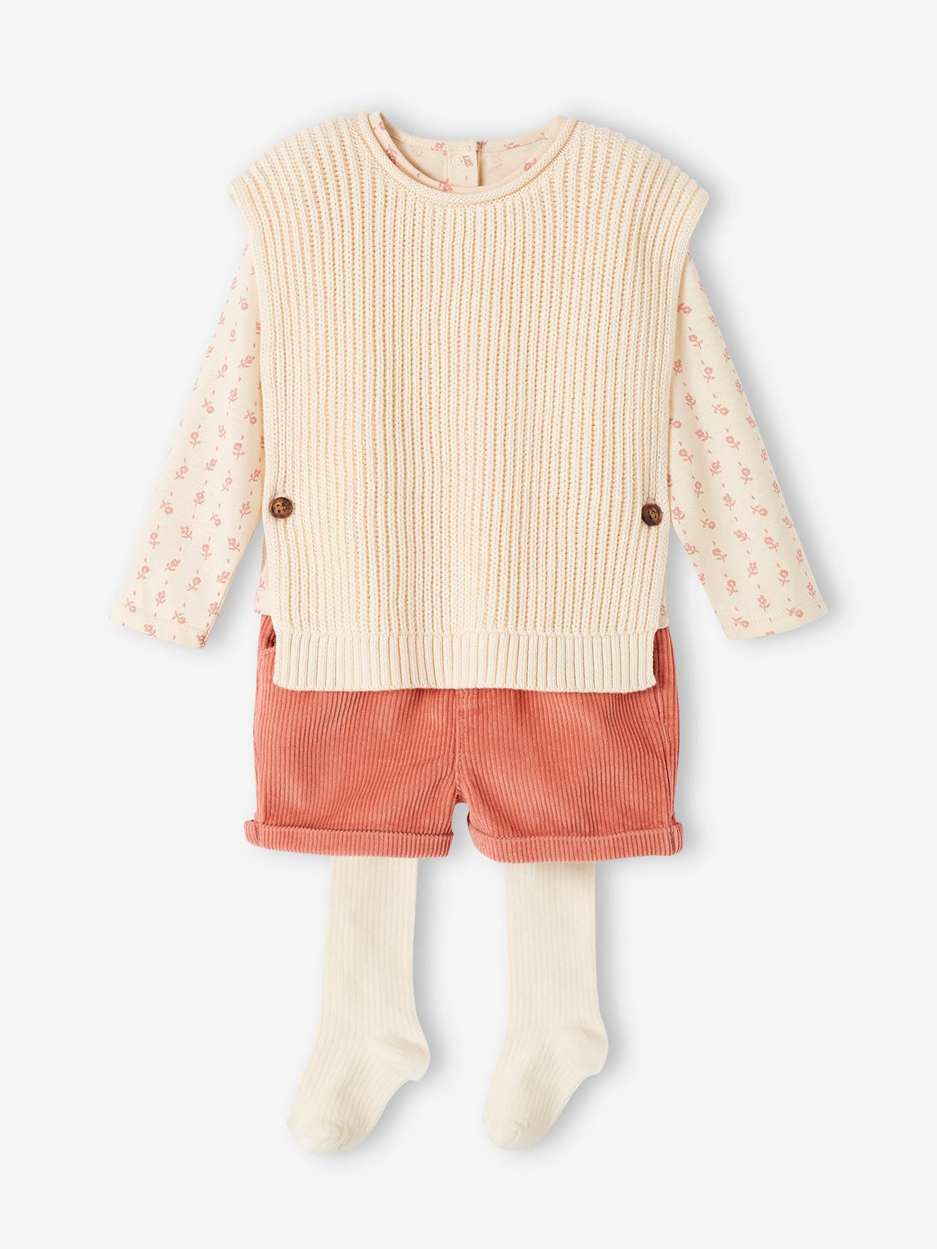 Conjunto de roupa de bebê de 4 peças: camiseta + shorts + suéter + meia-calça rosa-claro