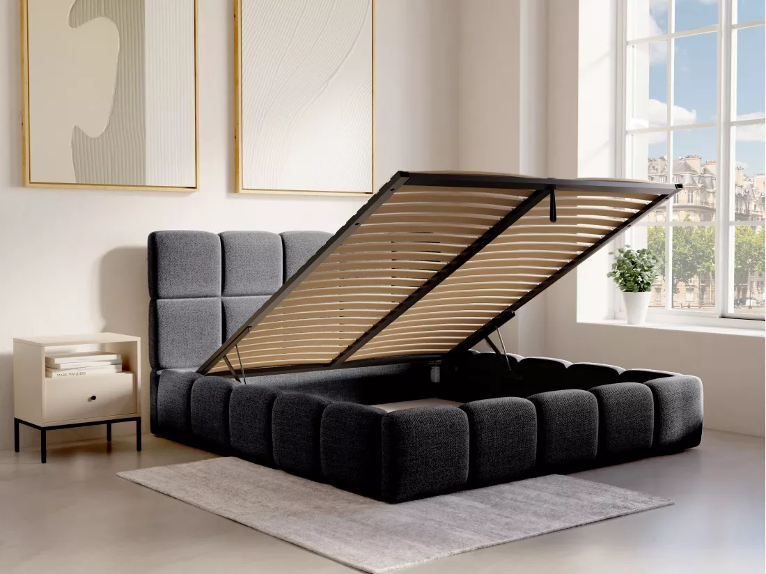 Lit coffre 200 x 200 cm - Tissu texturé - Noir + Matelas - DAMADO de Pascal Morabito