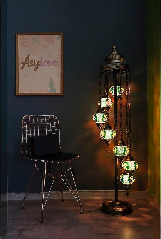 Halay Türkische Stehlampe, handgefertigt, 7 Kugeln, orientalische Stehlampe, Mosaik, mehrfarbig, Grün