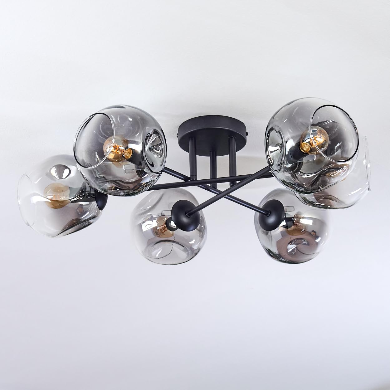HOFSTEIN Deckenleuchte Ripoll, 6-flammige Deckenlampe aus Metall/Glas in Schwarz/Rauchfarben/Klar, moderne Leuchte im Retro/Vintage-Design (Ø Schirme 15 cm), E14, Esszimmer, Küche, Wohnzimmer