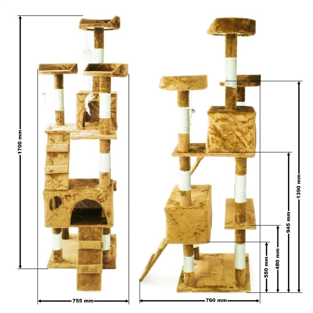 Arbre à chat 170 cm corde en sisal griffoir grattoir jeux plateforme beige