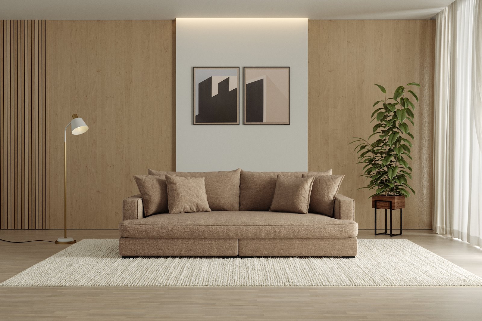 Rossi 3-seter sofa (1 setepute) Tekstil Beatto 1012 Brown, arm A med sorte ben. Std. Komfort.