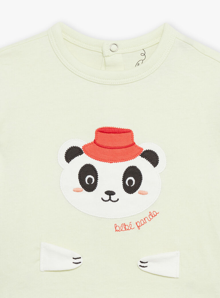 Pyjama vert pâle à animation tête de panda et à imprimé à rayures