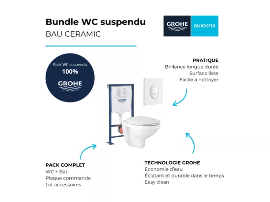 Pack WC suspendu sans bride GROHE Bau Cerami avec bâti support Rapid SL Project et plaque de commande Start blanc
