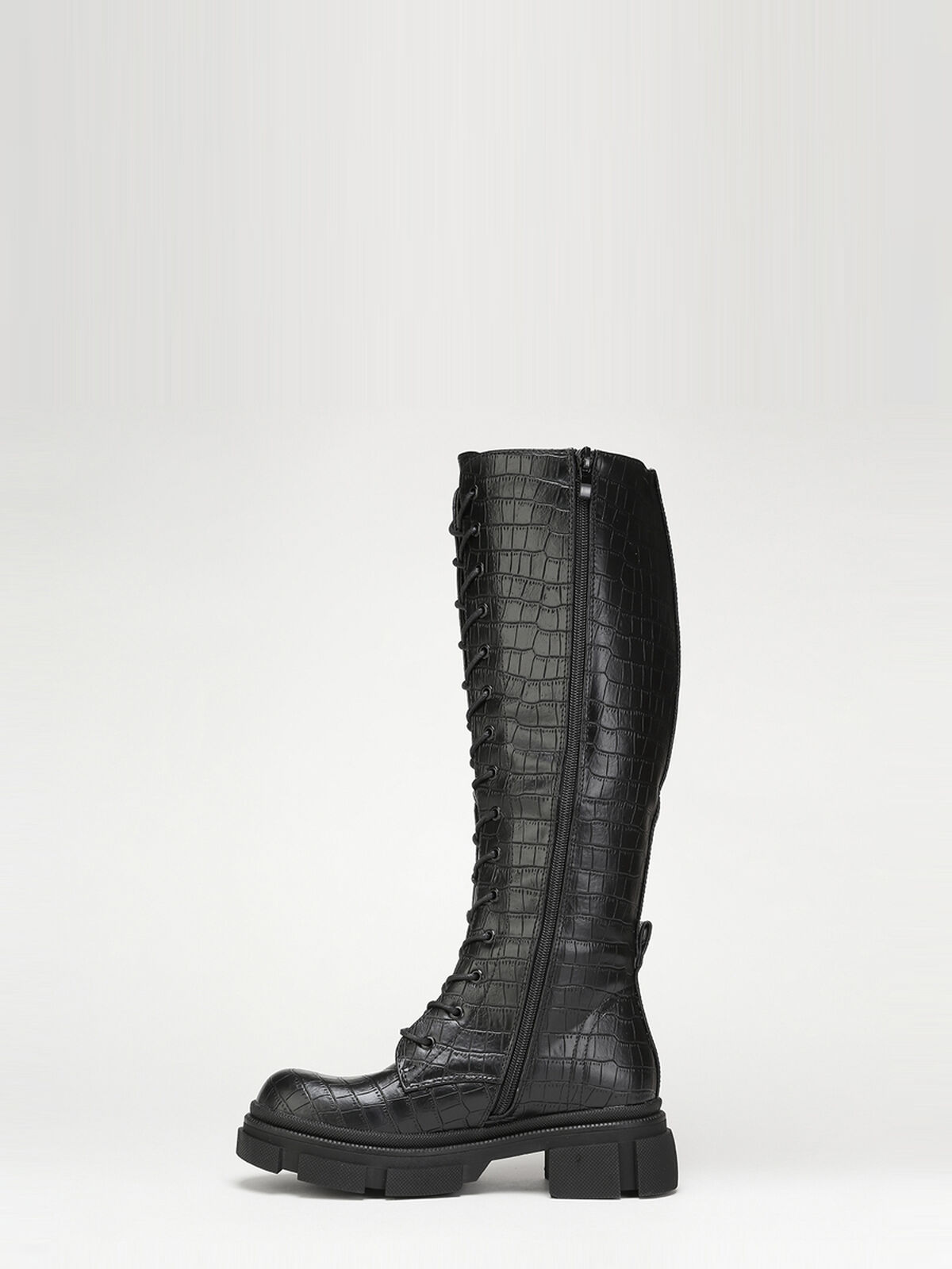 Bottes texturées à lacets et semelle crantée- Noir vernis