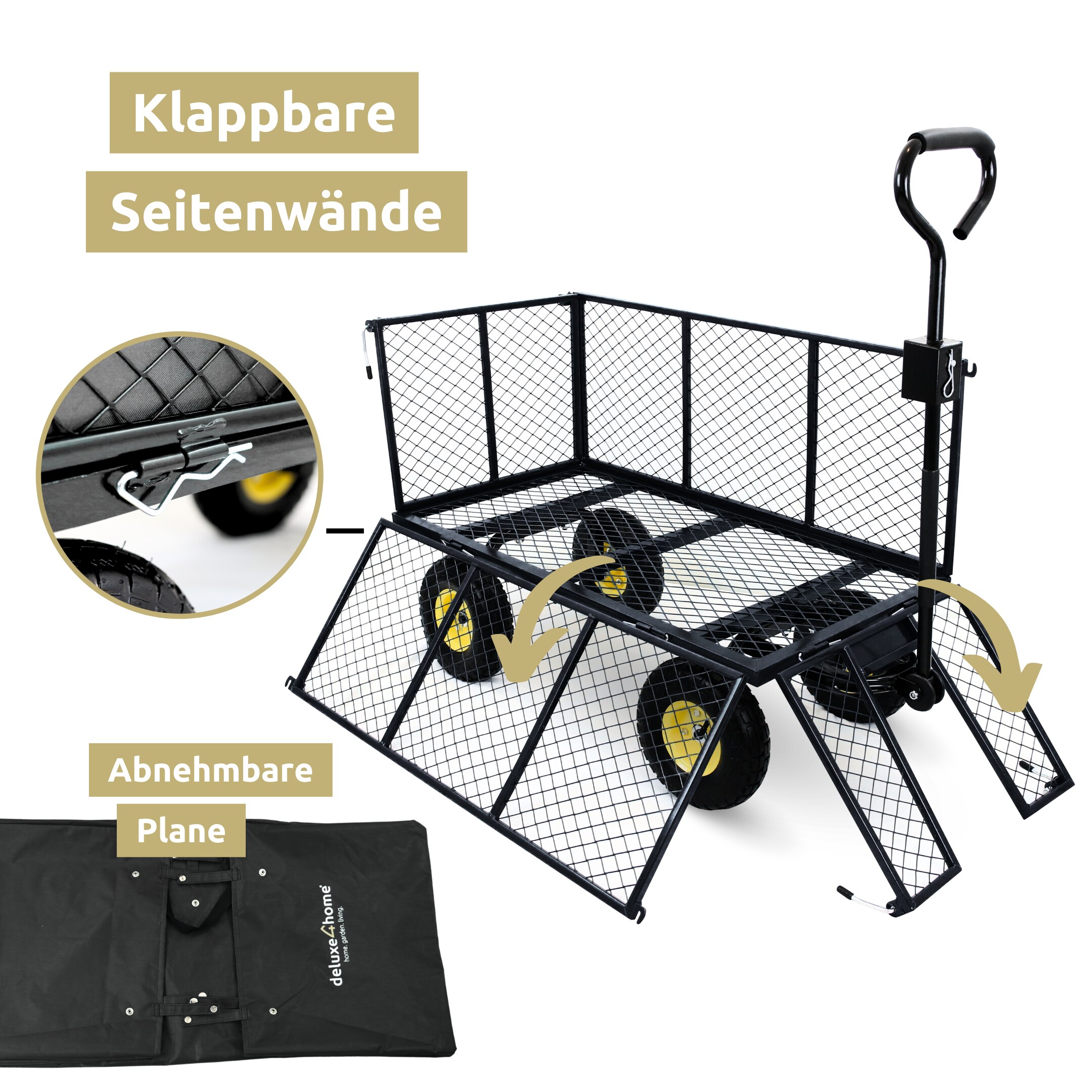 deluxe4home® Bollerwagen | Transportwagen inkl. Handschuhe | Schwarz