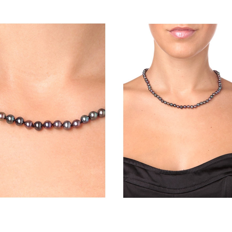 Parure Collier et Boucles d'Oreilles Perles de culture Noir et Argent 925