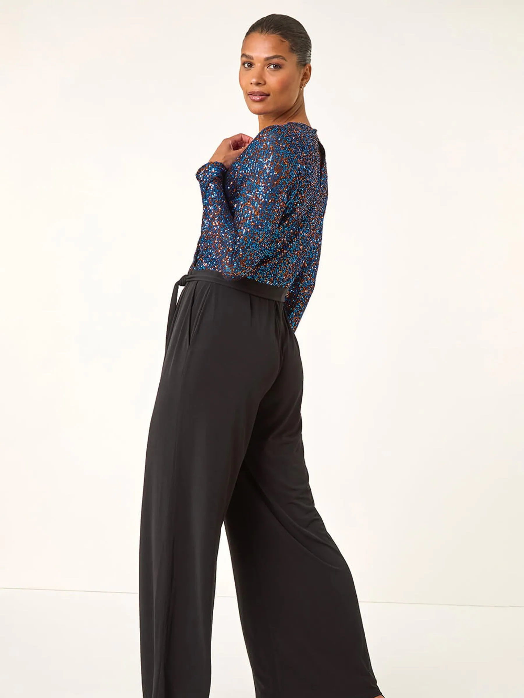 Blauw - Roman Pailletten wikkel V-hals stretchy Jumpsuit