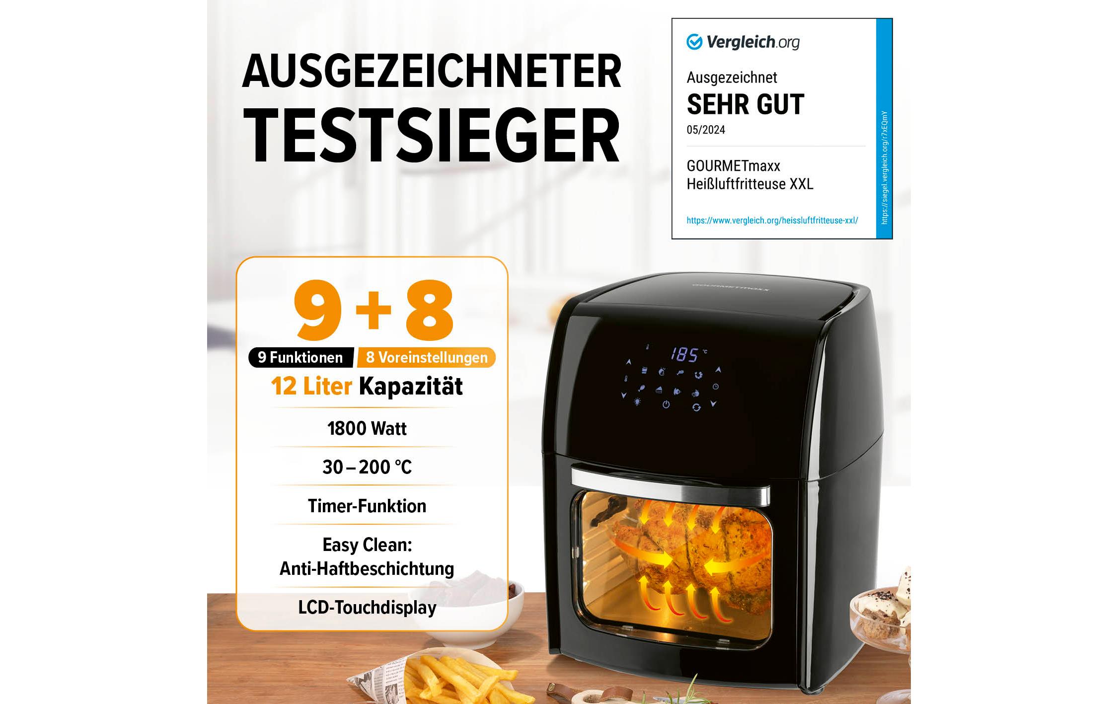 Heissluft-Fritteuse Digital 9in1 SchwarzBackofen, Grill und Fritteuse in einem Gerät