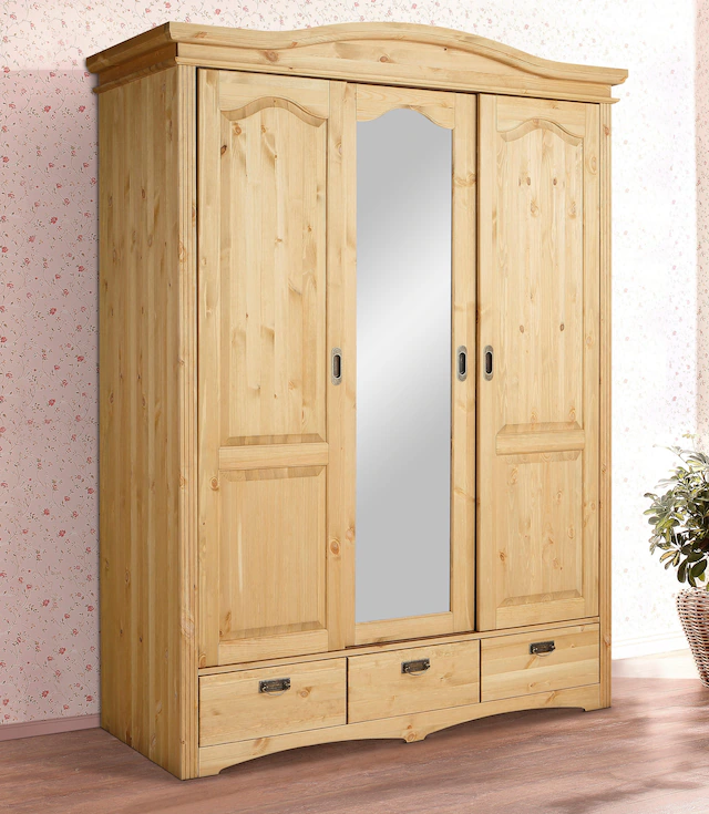 Home affaire Schiebetürenschrank »Konrad, Landhausstil, rustikal, mit Schubladen + Spiegel, Kassetten« 3 Breiten: 153/202/249 cm  H/T ca.207/64 cm,  massive Kiefer, FSC®-zertifiziert, Messinggriffe, mehrere Varianten