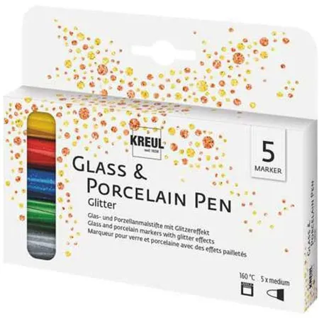 KREUL Glass & Porcelain Pen glitter, 5 Stifte, farbig, Strichstärke ca. 1 - 3 mm