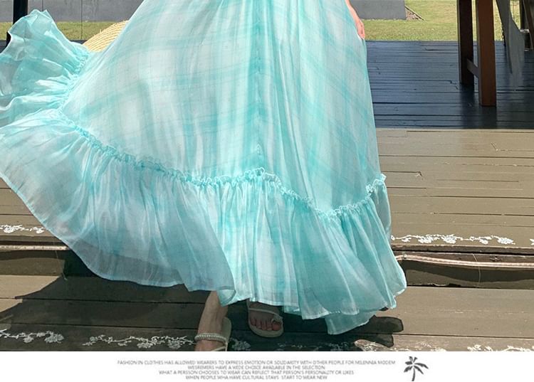12th Tone - Geruite halternek-ruffle maxi-A-lijnjurk